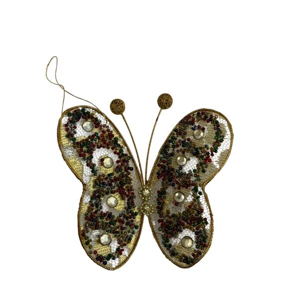 Vintage Gold Beaded Butterfly Christmas Ornament Mesh Hanging - Picture 13 of 15